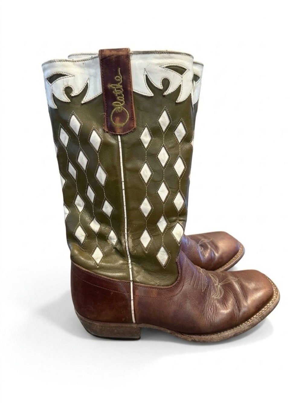 Olathe Custom Cowboy Boots Green White Mens Size 5, Women’s 6.5